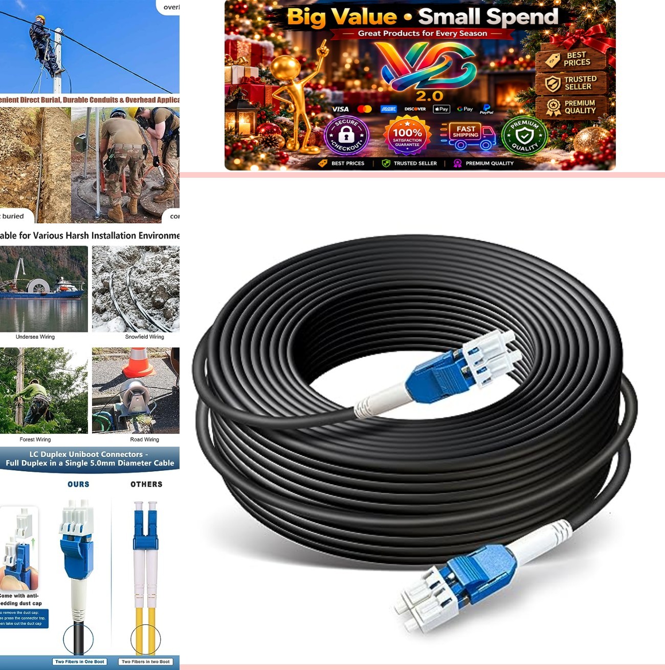 100ft 30m OS2 Single Mode LC to LC Armored Fiber Optic Cable 5mm TPU Outdoor