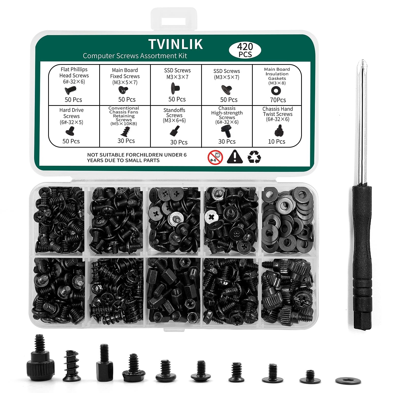 420PCS Computer Screw Kit, Motherboard Standoffs M2, M2.5, M3, M5, Black