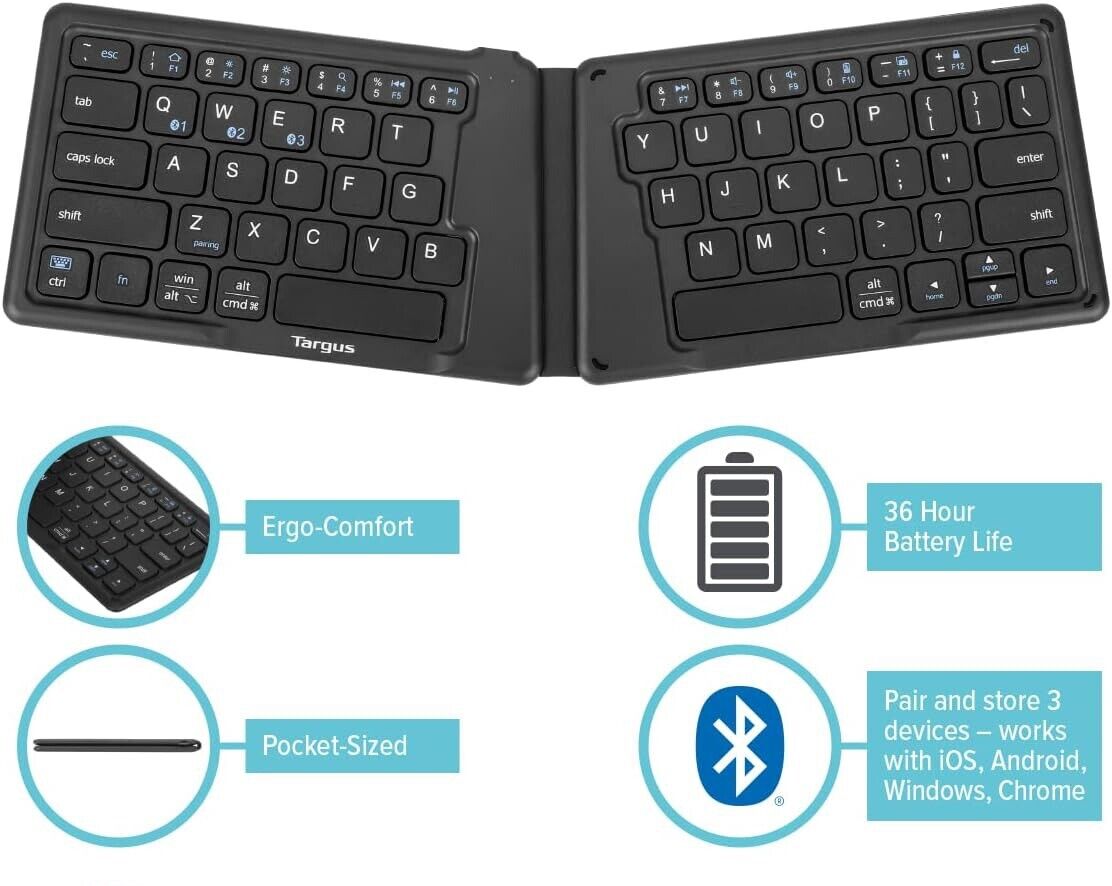 Targus Wireless Folding Keyboard Bluetooth Antimicrobial Protection AKF003US
