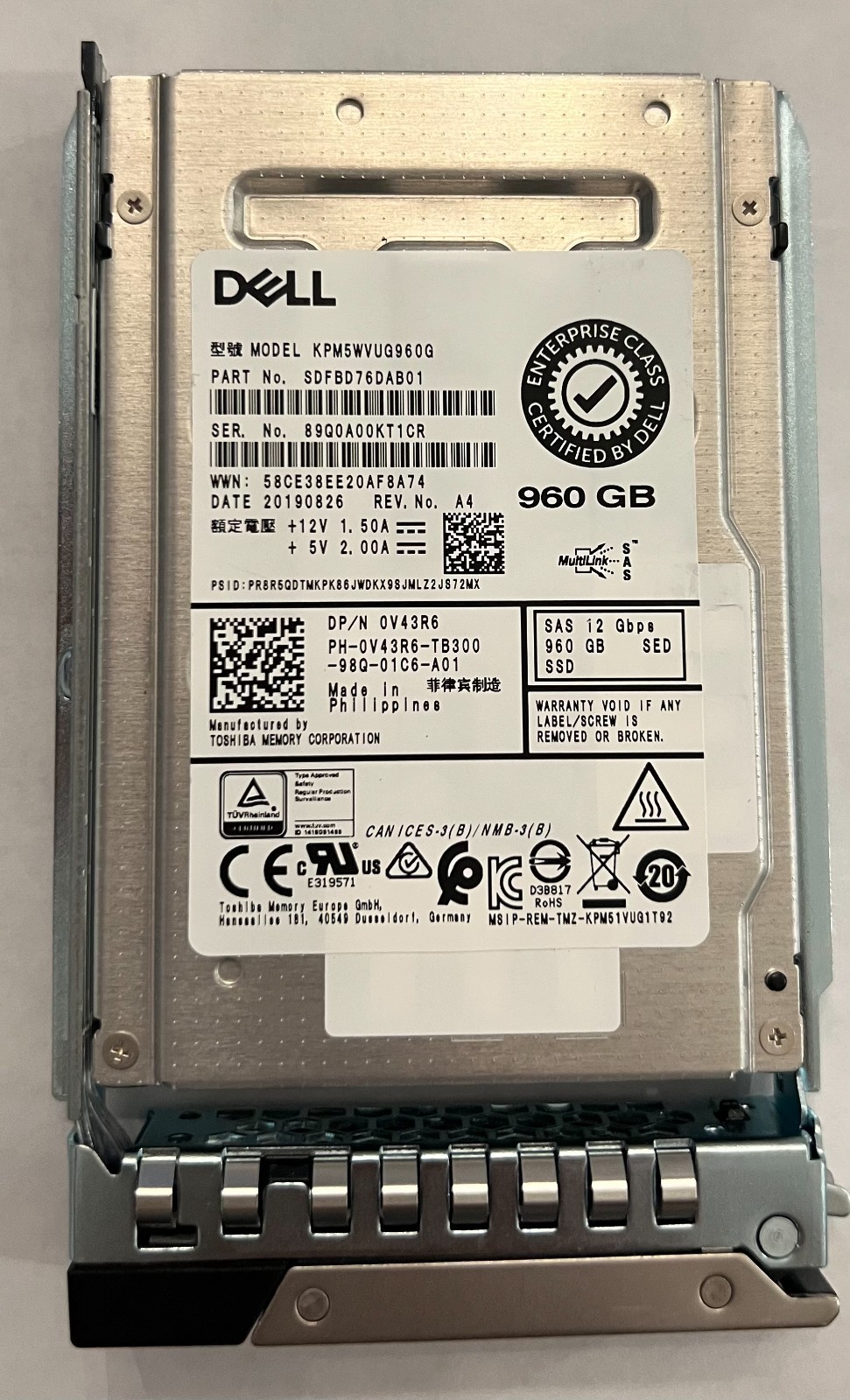 V43R6 DELL 960GB SAS 12Gb/s Mixed Use 2.5" SSD 0V43R6 KPM5WVUG960G SED