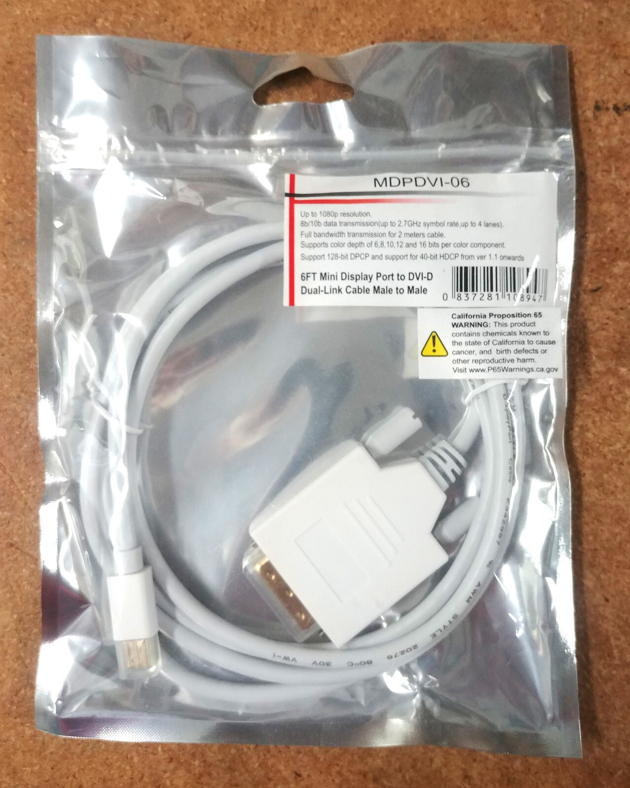 Bytecc MDPDVI-06 Mini DisplayPort male to DVI-D male 6ft Cable