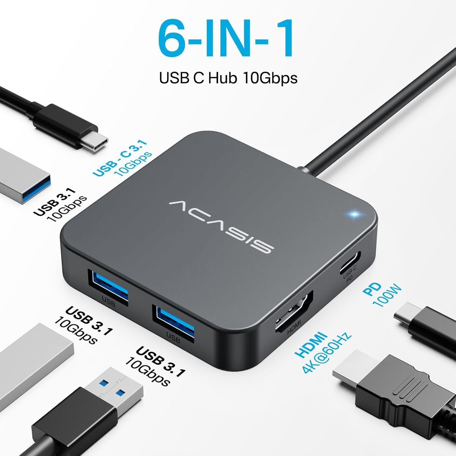 ACASIS 10Gbps USB Hub Multiport Adapter 4K HDMI 100W Power Delivery for MacBook