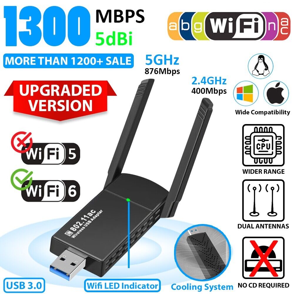 USB 3.0 WIFI Adapter 1300mbps Wireless Dongle Dual Band 2.4G/5G Dual Antenna NEW