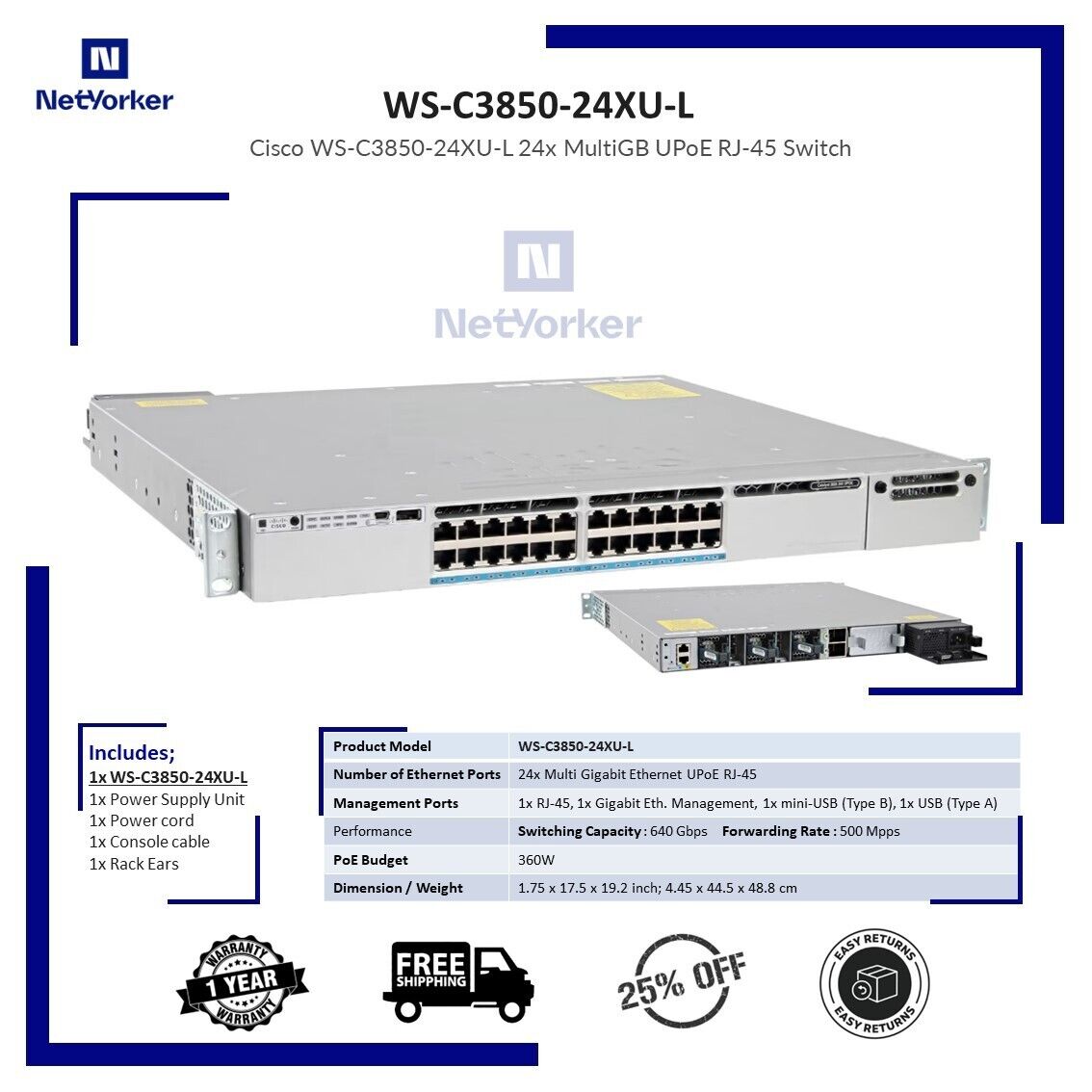Cisco WS-C3850-24XU-L Catalyst 24 100Mbps/1/2.5/5/10 Gbps UPOE Ethernet Switch