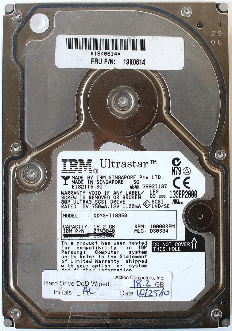 18.2GB 10KRPM ULT3 80PIN SCSI HDD, ULTRASTAR DDYS-T18350, 07N3840, MLC: DS0S9...