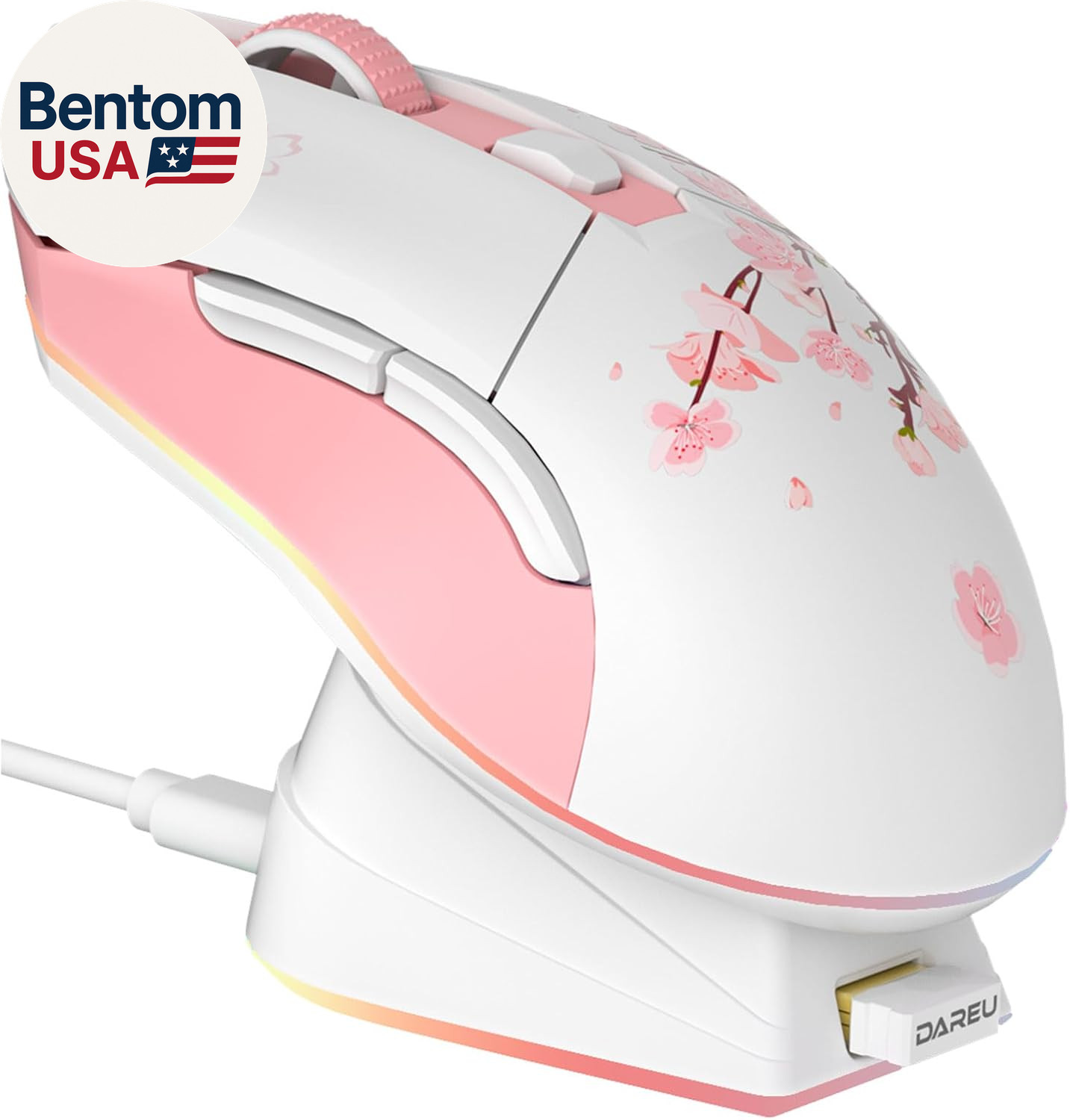 Sakura Pink Wireless Gaming Mouse with Charging Dock Rechargeable RGB,12K DPI,6