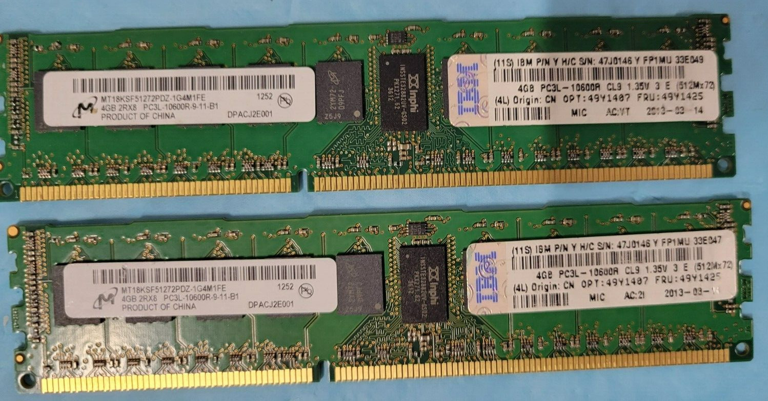 8GB (2x4GB) IBM Micron DDR3 ECC Rx8 PC3L-10600R-9-11-B1 MT18KSF51272PDZ 47J0146