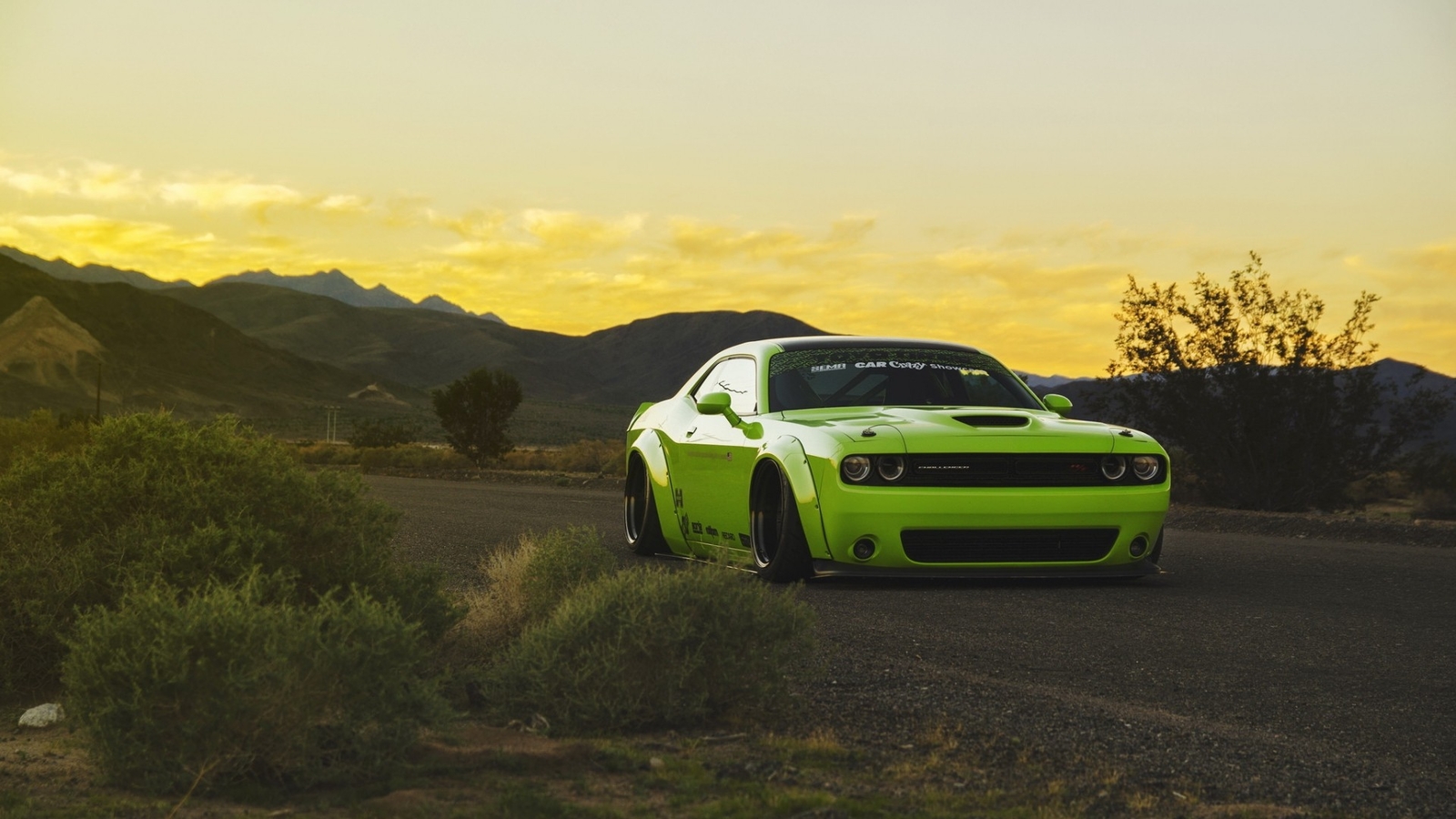 Landscape dodge challenger green cars muscle sunset car Custom Gaming Mat Desk