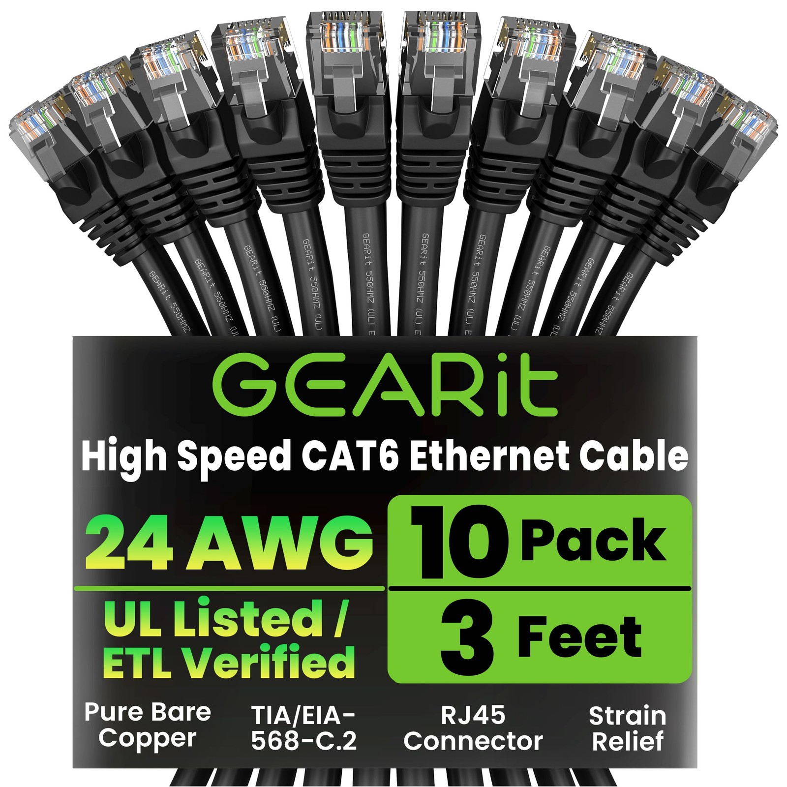Cat 6 Ethernet Patch Cable 3 ft Black (10 Pack) Cat6 Patch Cables 3ft Black/E...