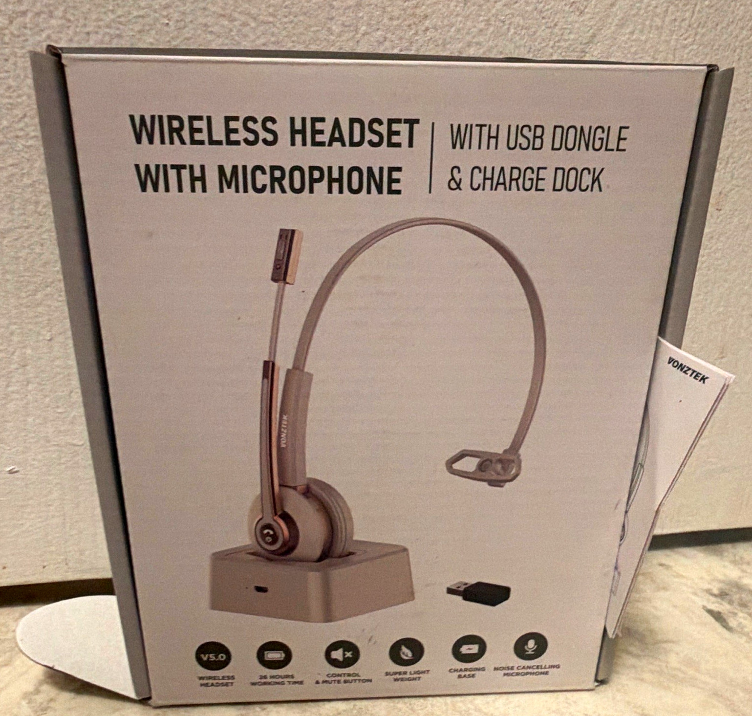 Vonztek Bluetooth 5.0 Wireless Headset Boom Mic USB Dongle Dock Silver/Gray