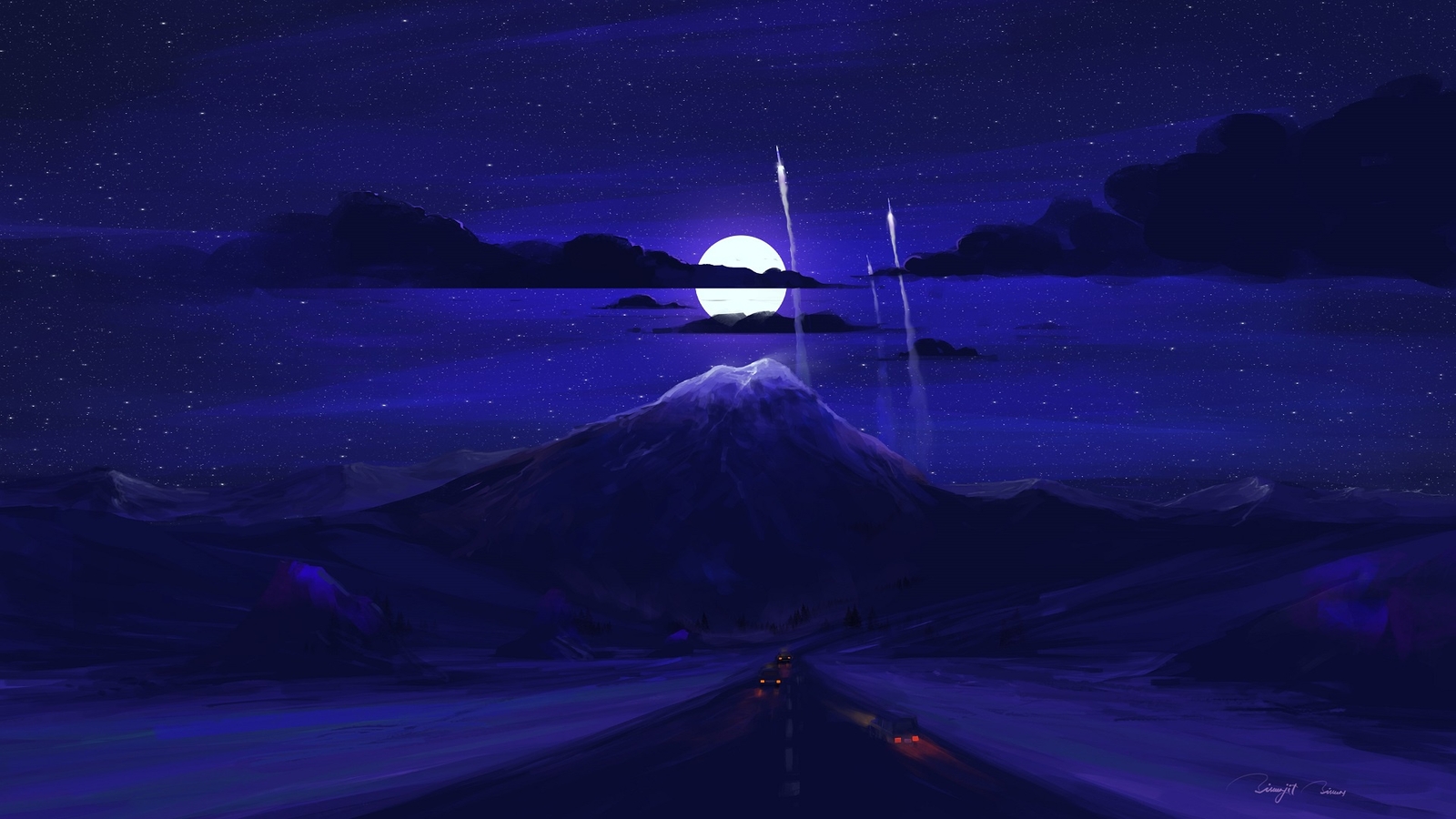 Landscape road night moon blue rocket Custom Gaming Mat Desk