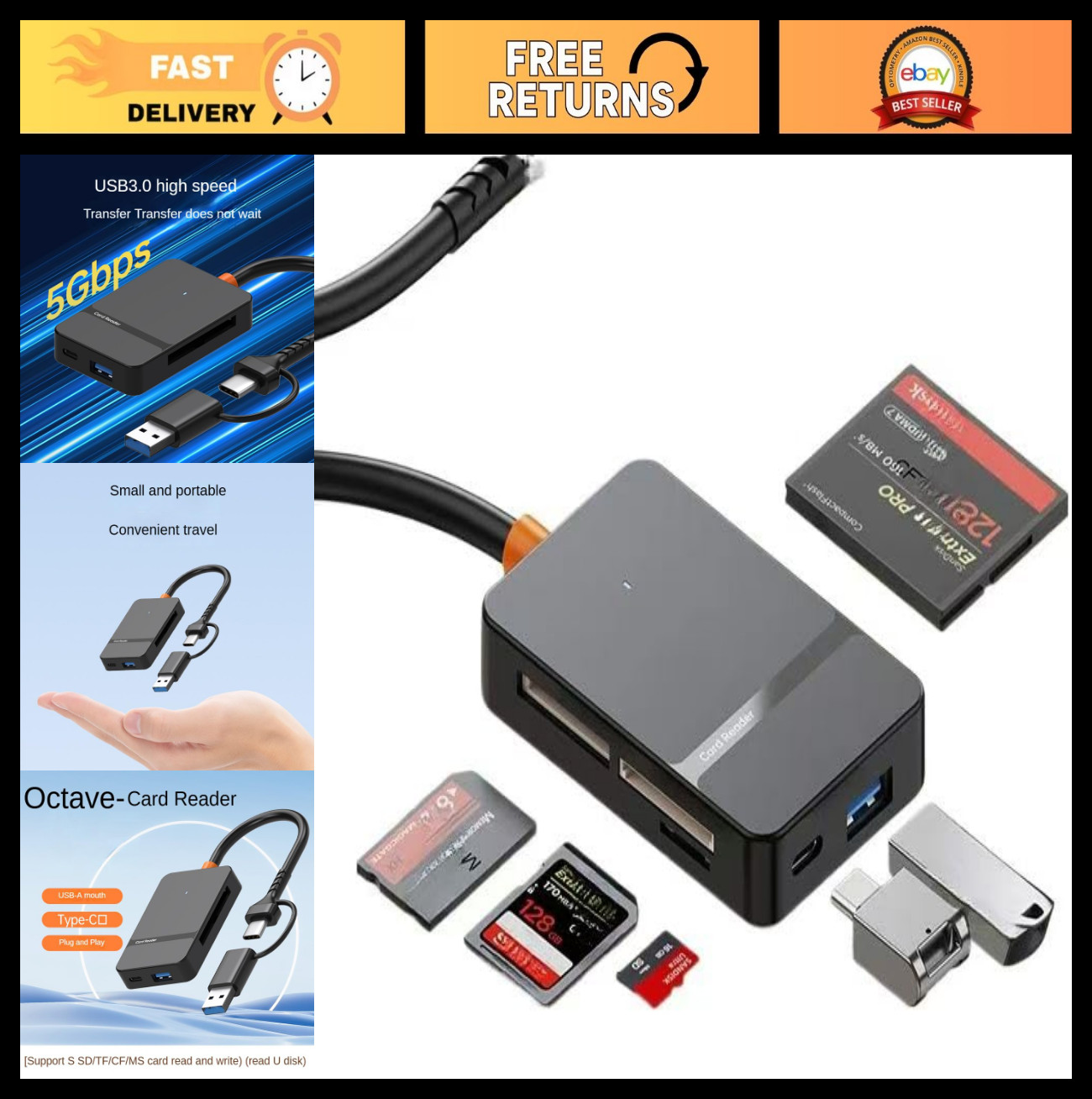 8-in-1 USB 3.0/USB-C OTG Card Reader - 104MB/s CF/SD/TF/MS Adapter, Dual Ports,