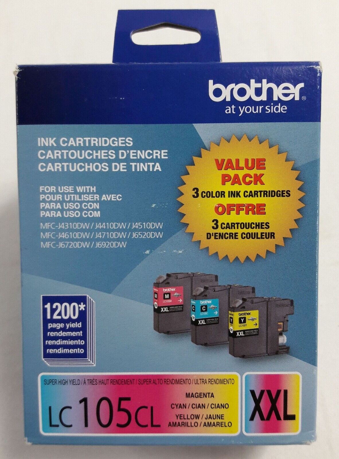 New, Tri-Color Genuine BROTHER LC105CL XXL High Yield Ink Cartridges; Exp 02/26