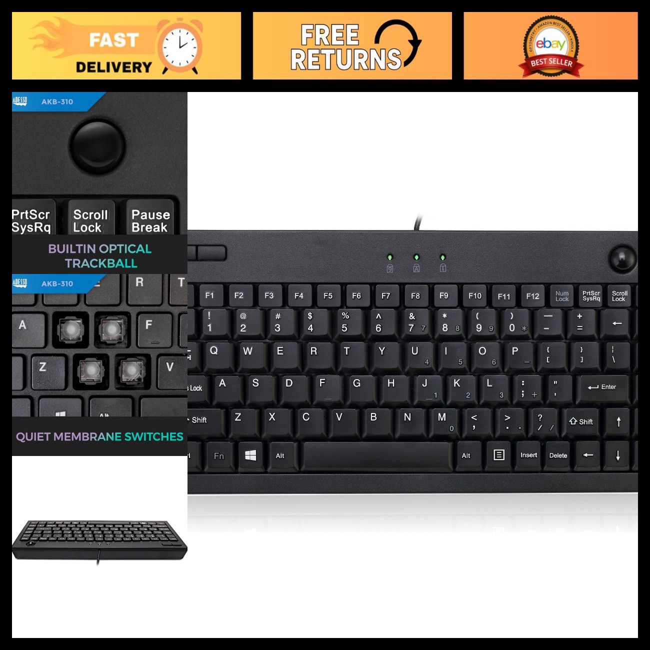 Wired USB Mini Trackball Keyboard, Compact Design, Ergonomic, Black Color