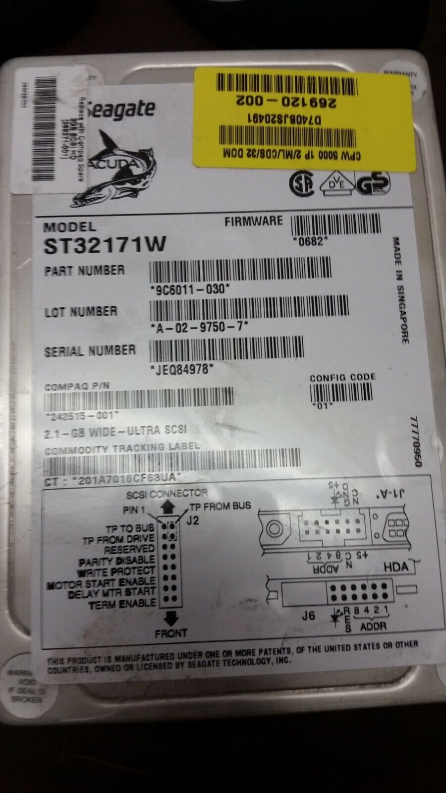 HP 269120-002 2.1GB 7200RPM 3.5 Fast Wide 68 Pin SCSI Hard Drive