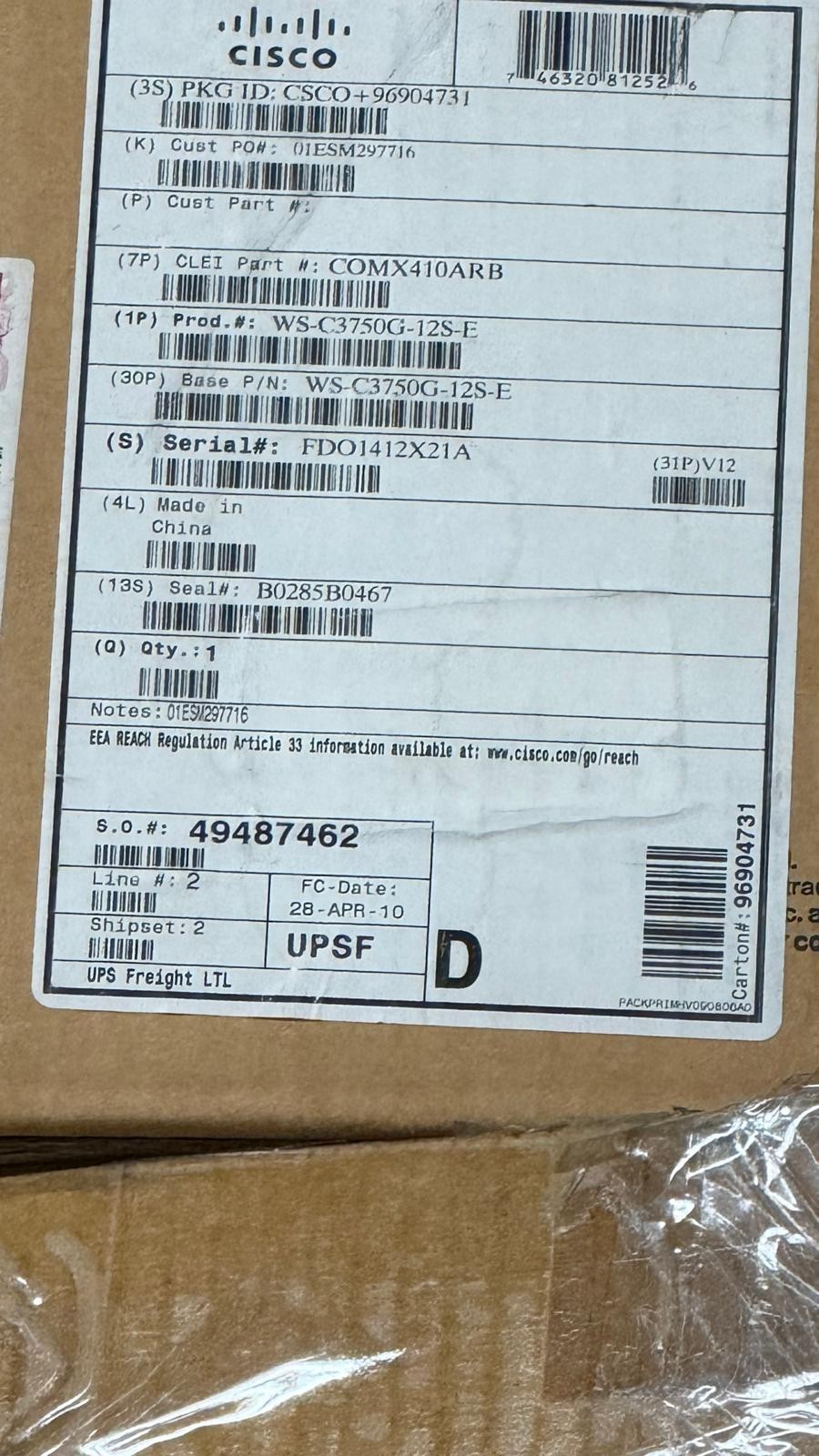 Cisco Catalyst WS-C3750G-12S-E 12-Port Ethernet Managed Switch OPEN BOX