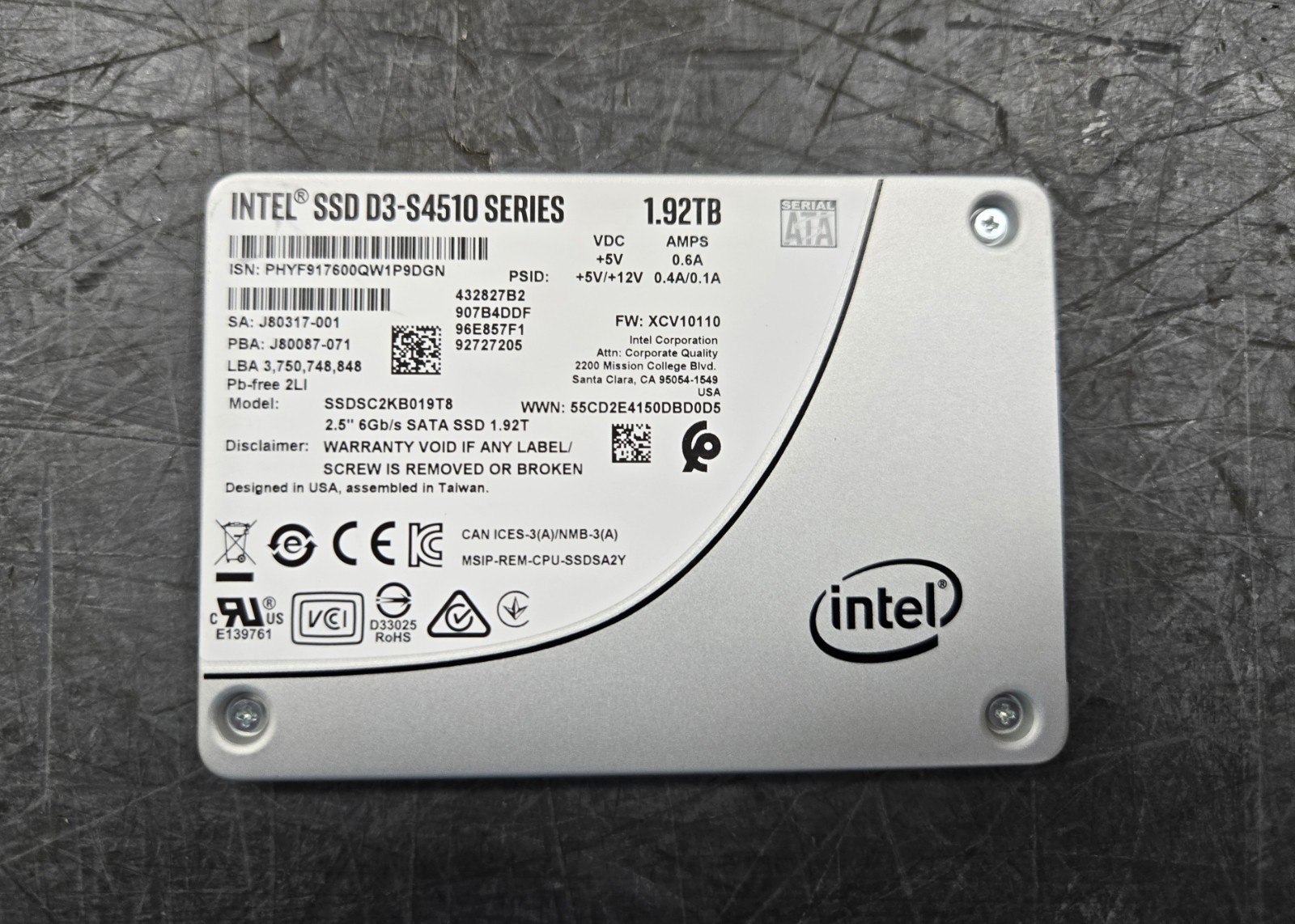 Intel SSDSC2KB019T8  1.92TB ssd sata 2.5 6g s4510