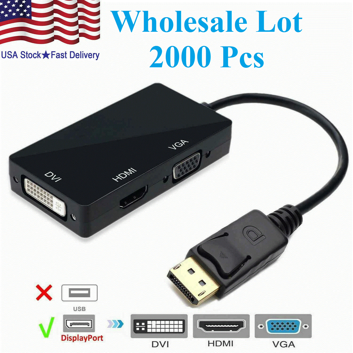 3 In 1 Displayport DP Male To HDMI/DVI/VGA Female Adapter Wholesale 2000 Pcs LOT