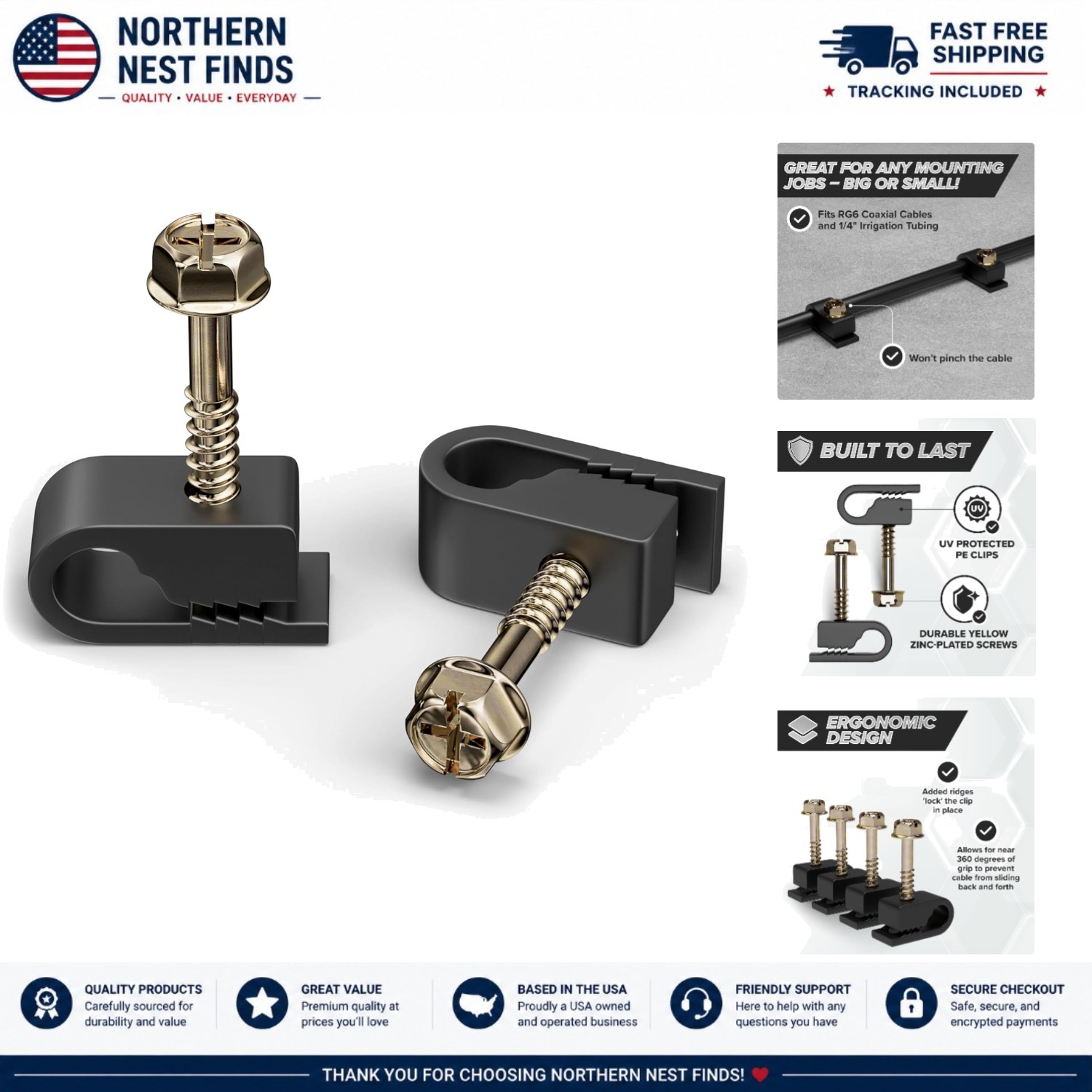 Reinforced 1/4 Inch Cable Clips with Screws - Perfect for Coax and Wires, 50 PCS