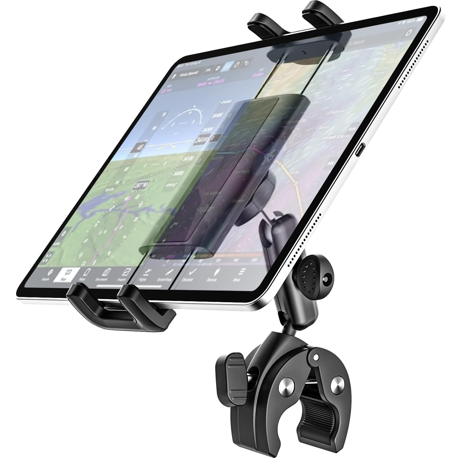 Aircraft Yoke iPad Tablet Mount Clamp 4-13in 0.5"-1.6" Tube 360° Black