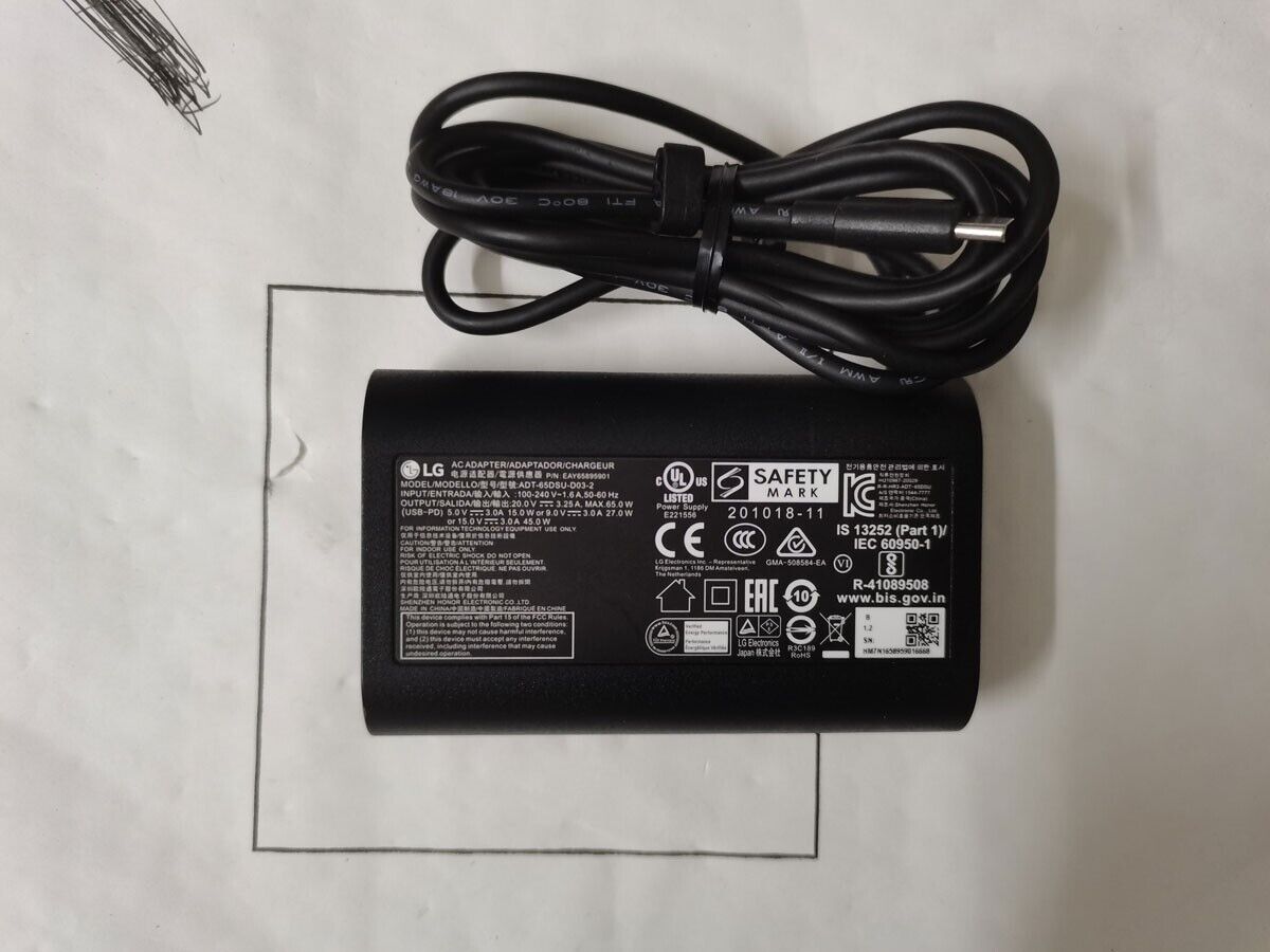 Genuine 20V 3.25A USB-C For 2023 LG Gram 17Z90R-K.AA78A1 i7-1360P 65W AC Adapter