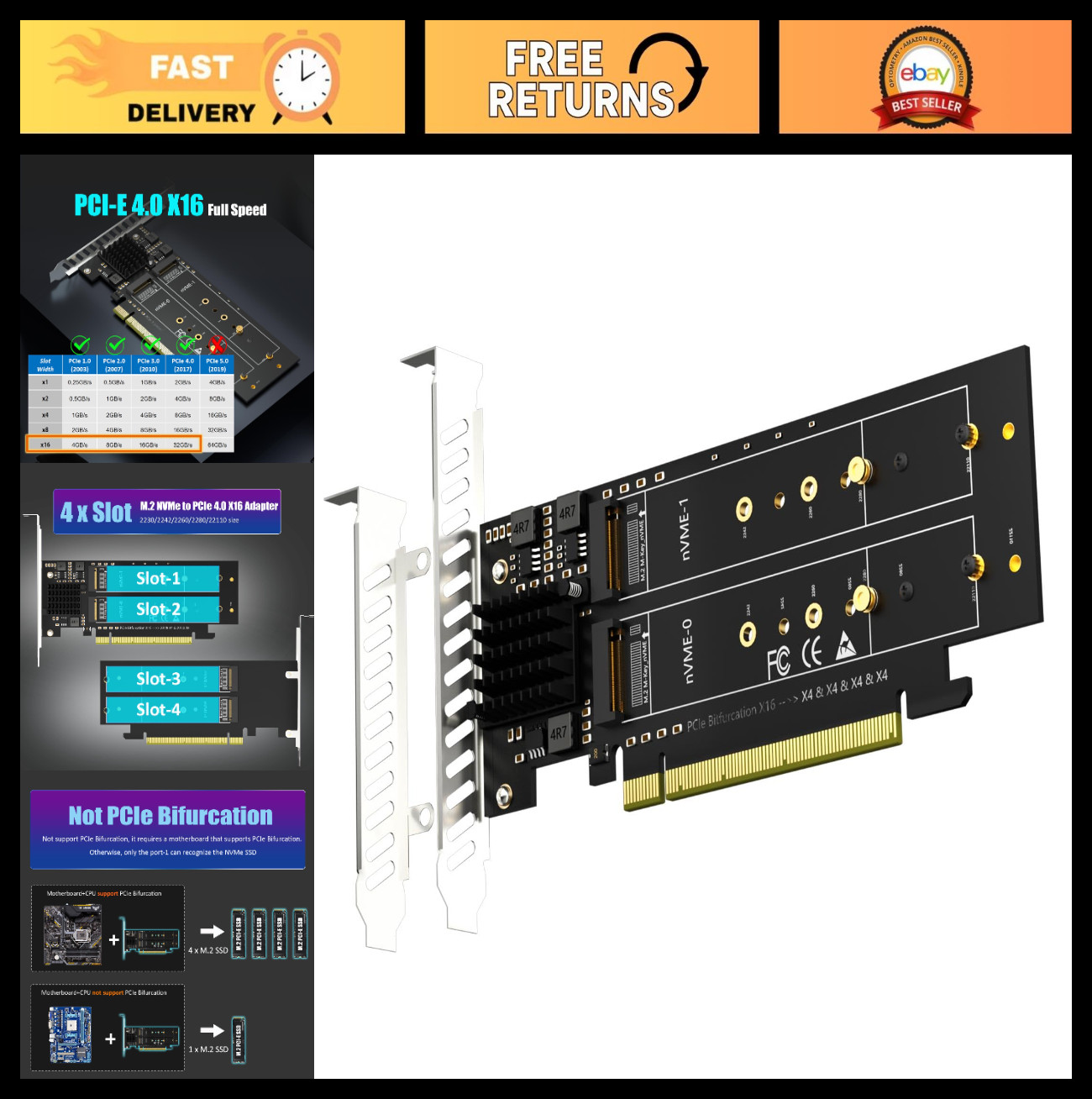 Quad M.2 NVMe PCIe 4.0 X16 Adapter Card - 4-Port 22110/2280 SSD, Soft RAID, OS B