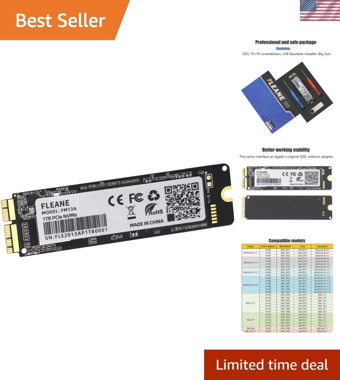 FM13A 256GB NVME SSD with DIY Tools for MacBook Air A1465 A1466 2013-2017, Ma...