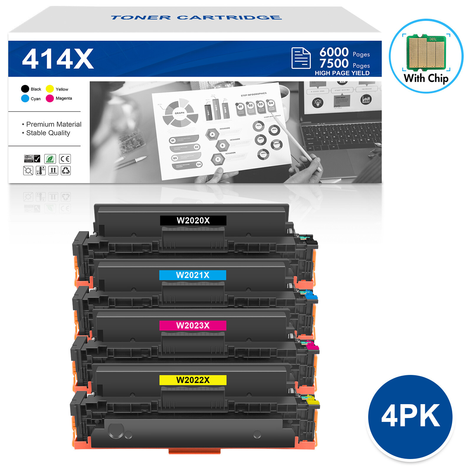 WITH CHIP 4x Toner for HP 414X W2020X Laserjet Pro MFP M479fdw M479fdn M454dn