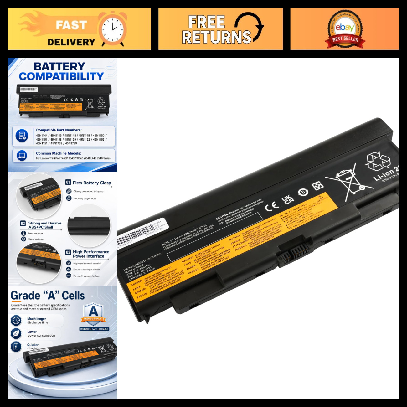 9 Cell 100WH Laptop Battery Replacement for Lenovo ThinkPad T440P - High Capacit