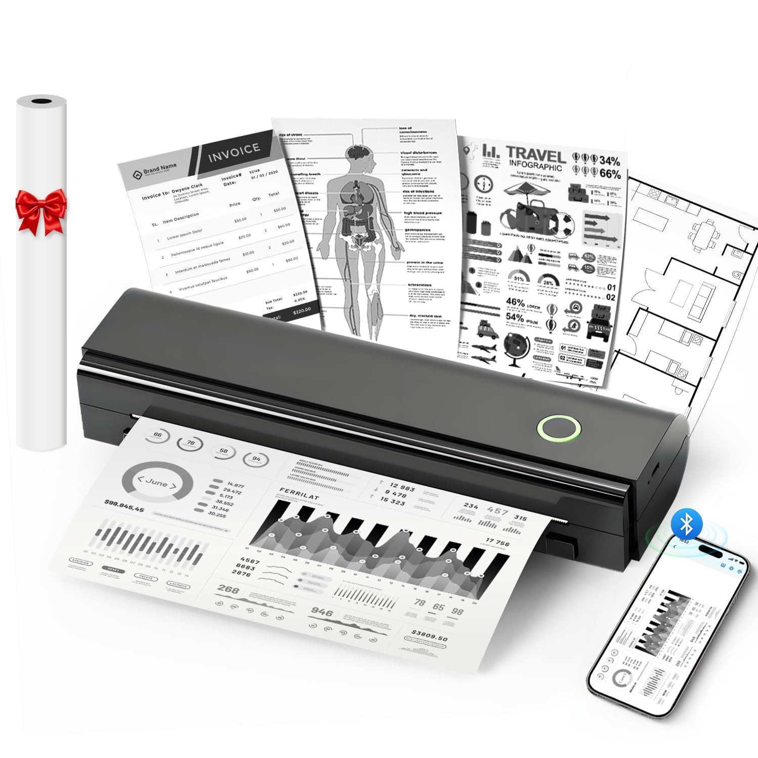 NDYIN Portable Printers Wireless for Travel N80 Bluetooth Thermal Printer