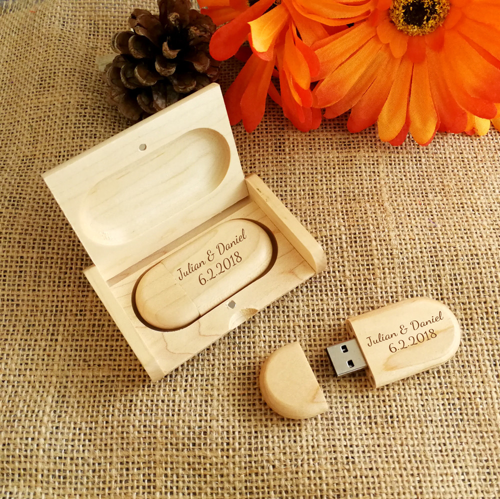 Personalized Oval Wood USB Flash Drive & Box Bundle, Wedding Gifts, Wedding USB