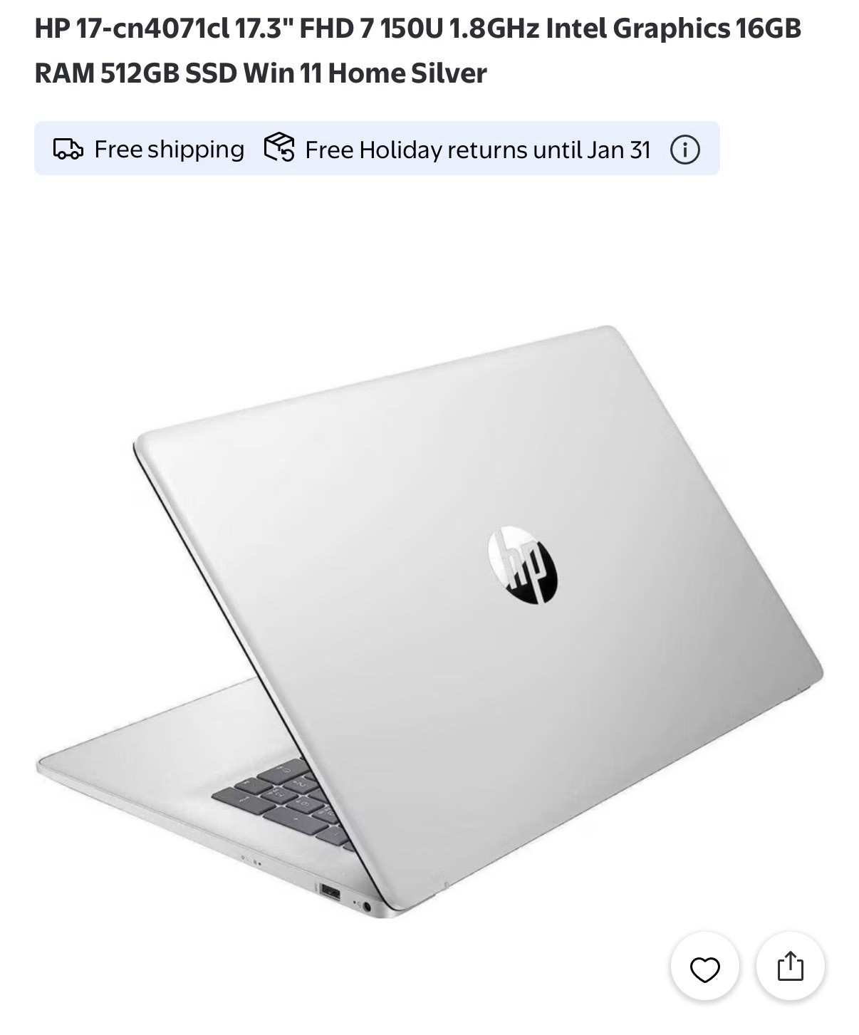HP 17-cn4071cl 17.3" FHD Intel Core 7 150U 1.8GHz 16GB RAM 512GB SSD Mint