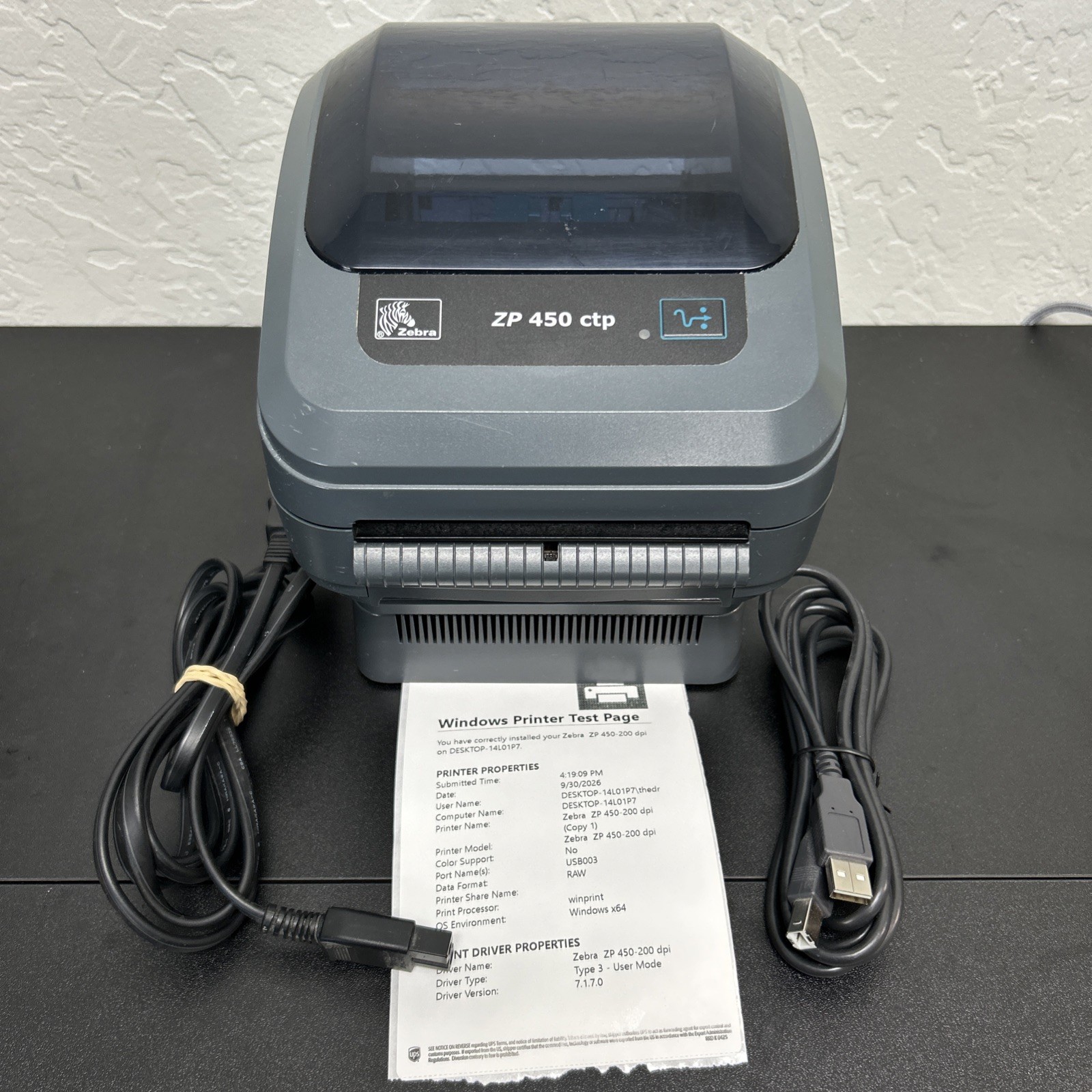Zebra ZP450 CTP Portable Thermal Shipping Label Printer w/ Cables - TESTED WORKS