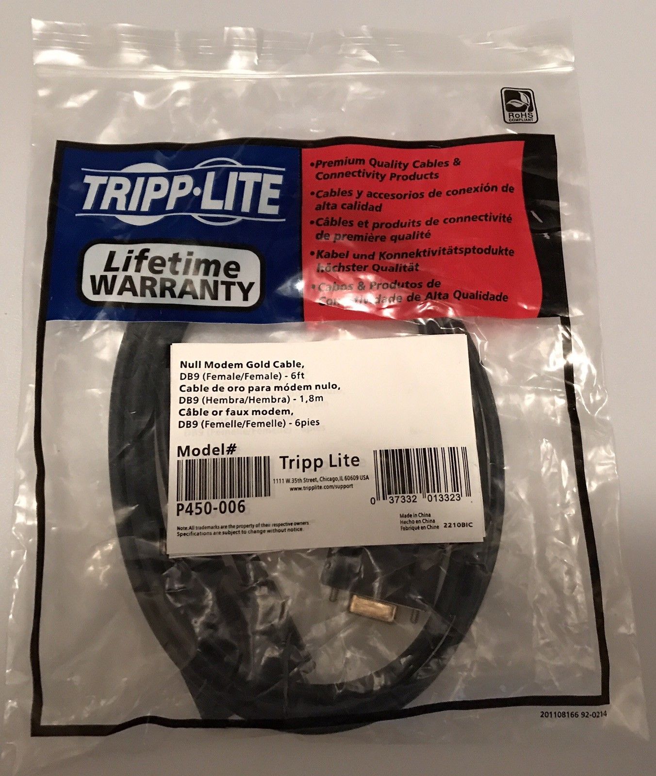 Brand New Tripp Lite Null Modem Serial RS232 Cable DB9 F/F 6-ft. P450-006 GOLD