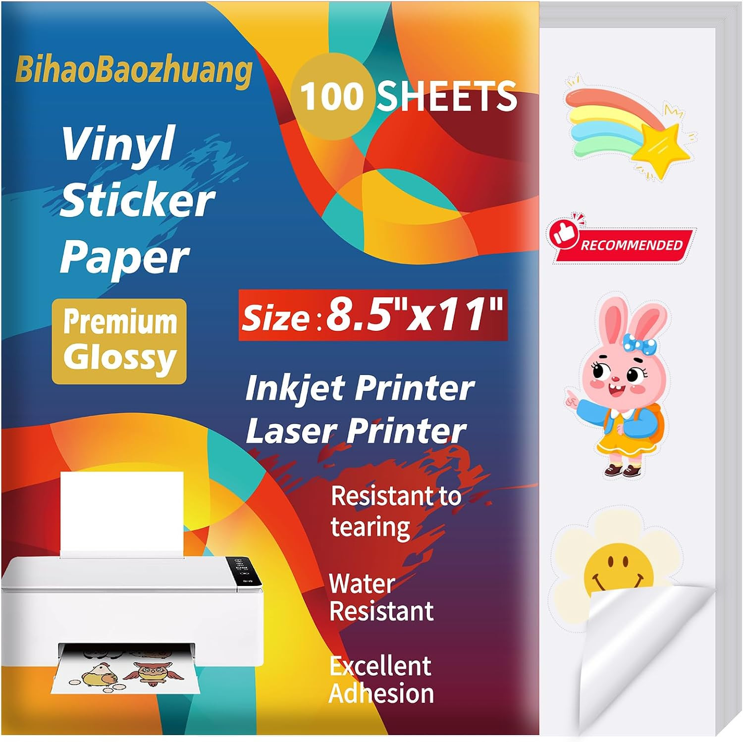 100 Sheets Premium Glossy Printable Vinyl Sticker Paper for Inkjet & Laser