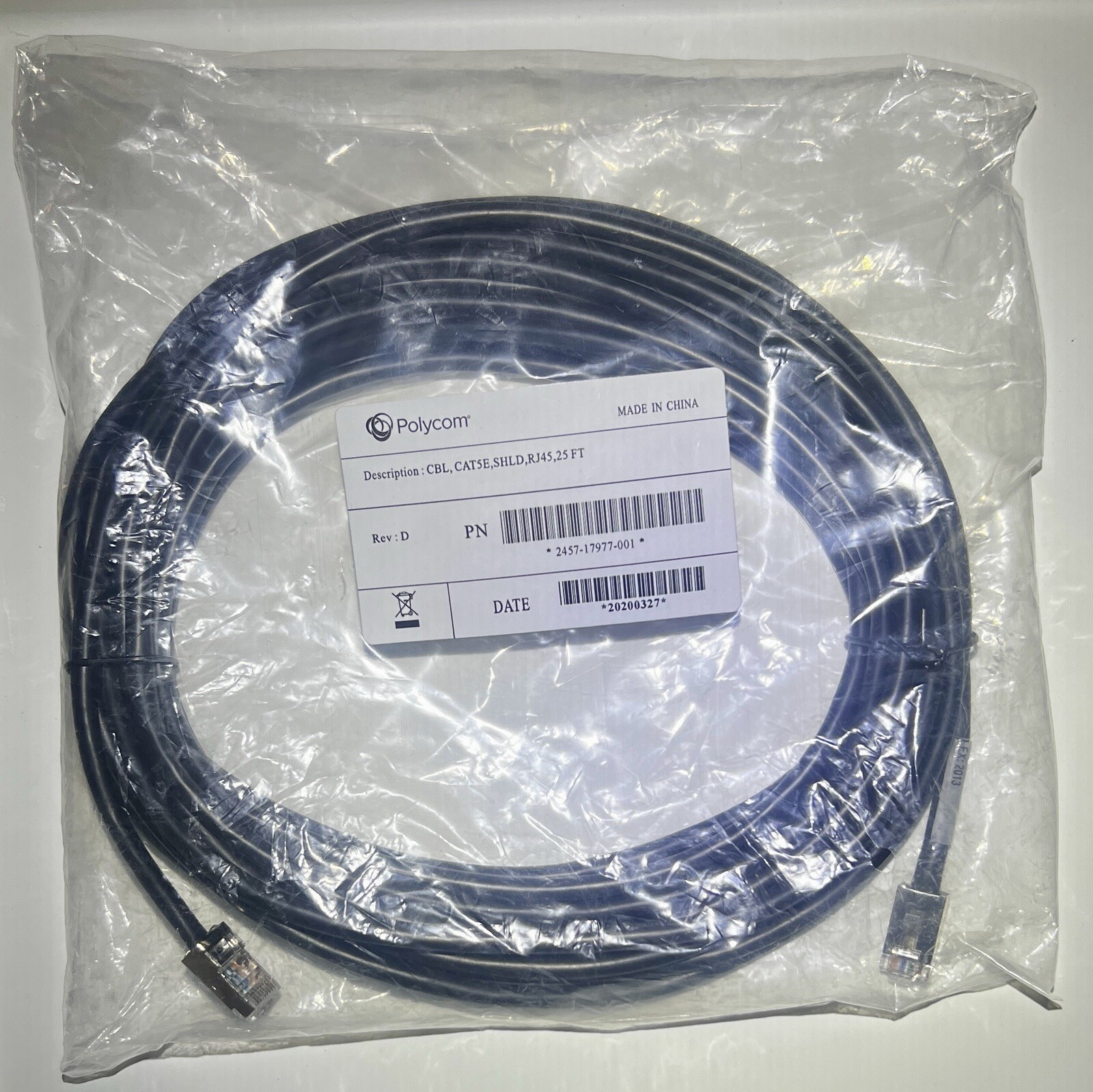 Polycom CAT5E SHLD RJ45 25FT Rev C Cable 2457-17977-001 CBL NEW SEALED PKG