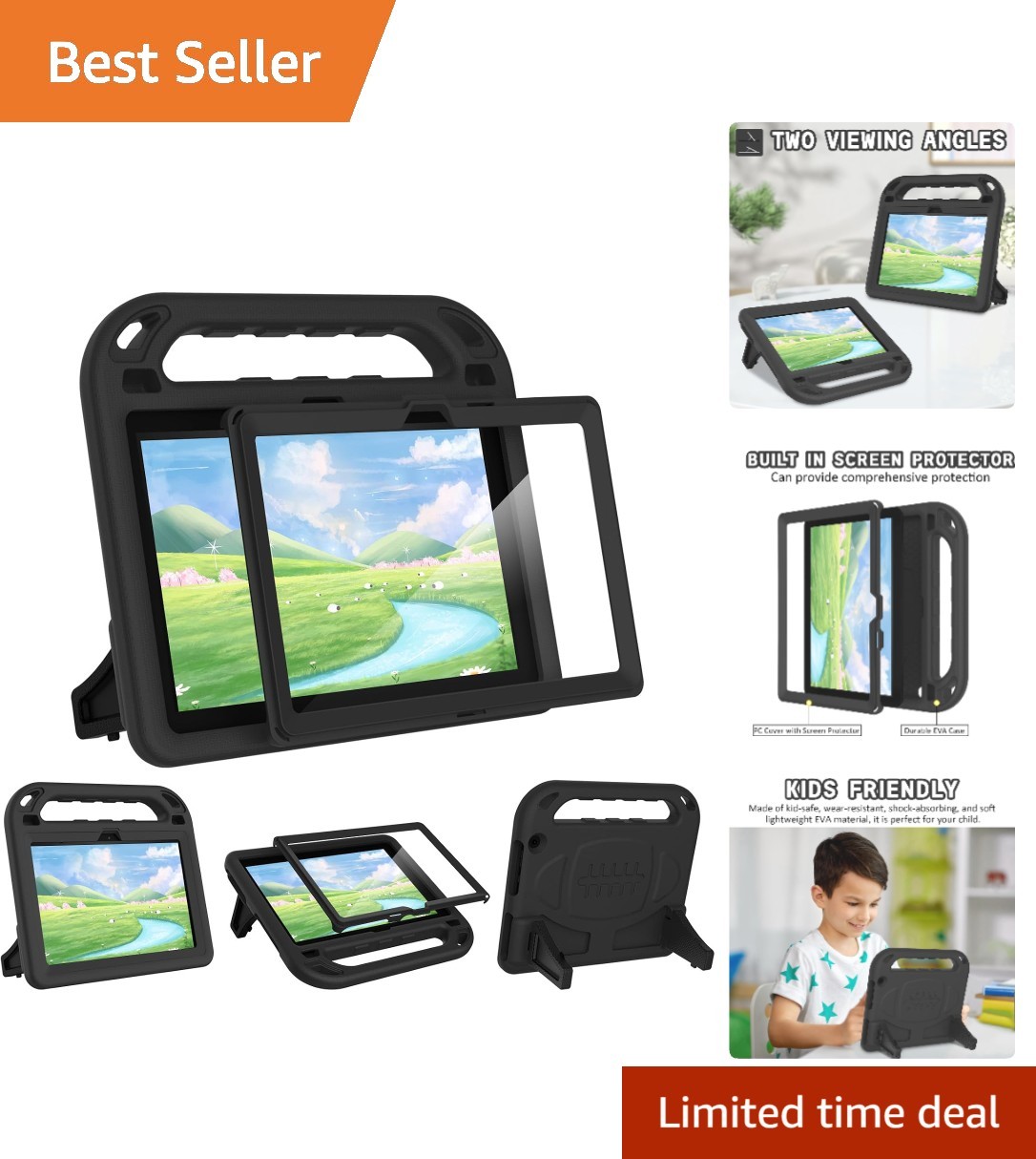 Kids Case for 10-Inch Tablet with Built-in Screen Protector, Black