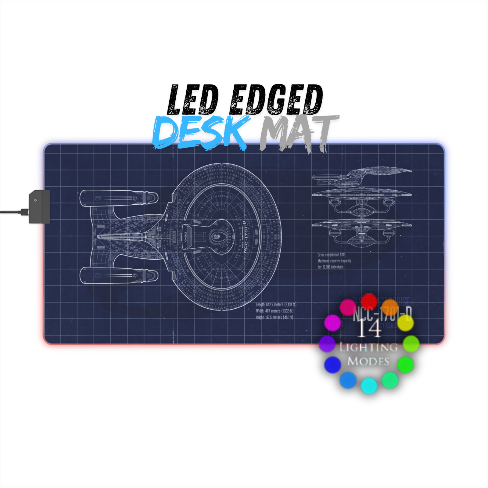 LED Desk Mat - USS Enterprise D, Star Trek blueprint mousepad I RGB Gaming Pad
