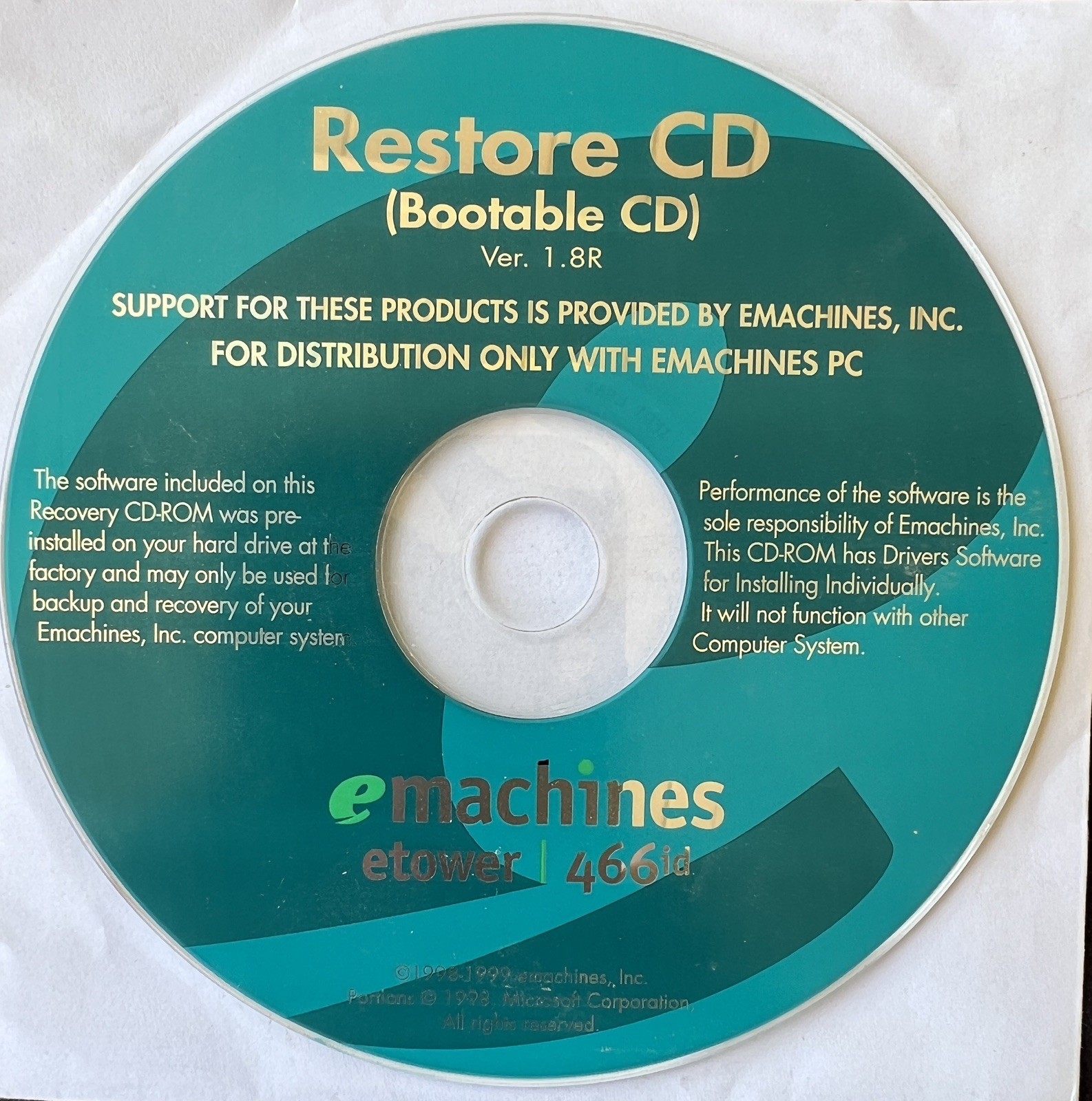 eMachines Bootable System Restore CD for etower 466id  vers 1.8br 1998-99