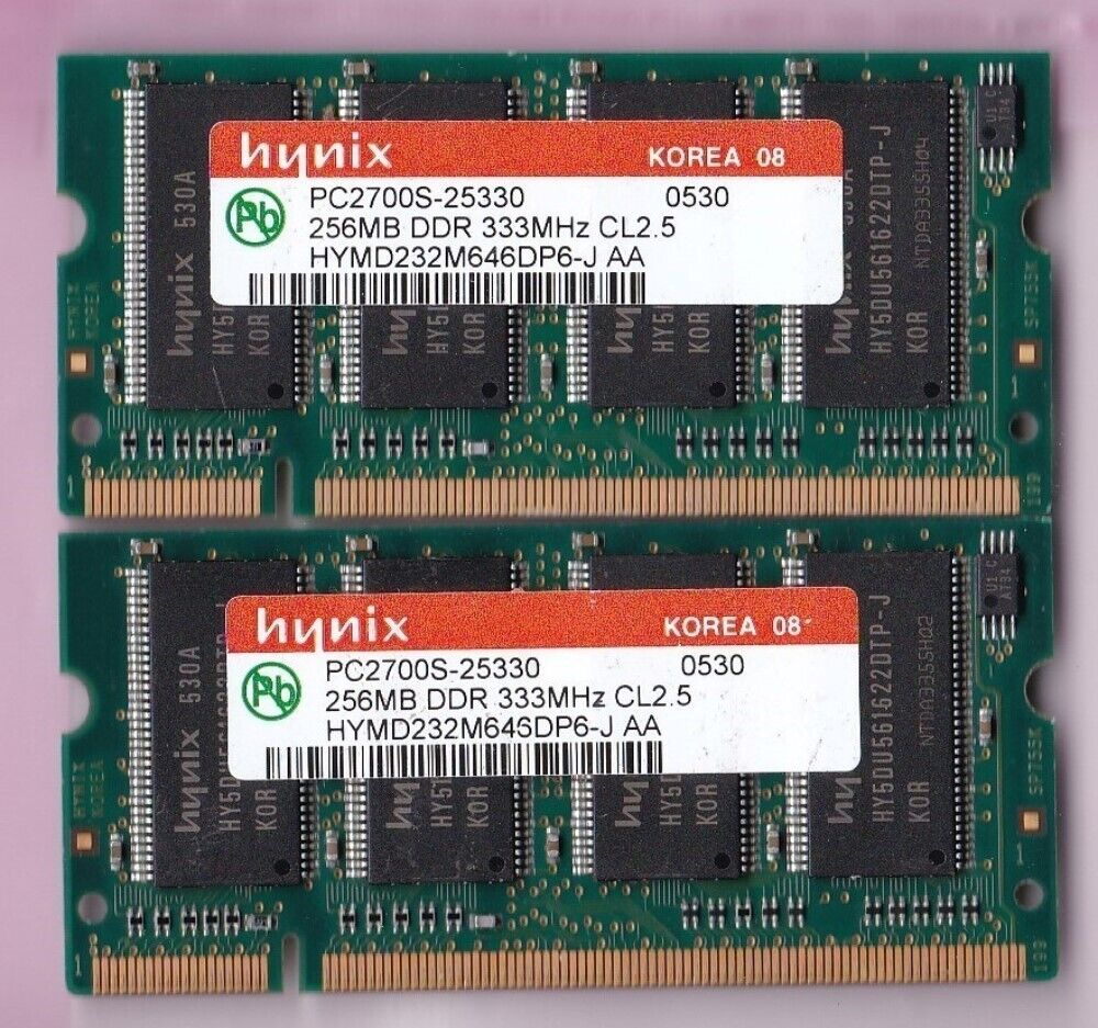 512MB 2x256MB PC2700S HYNIX HYMD232M646DP6-J AA DDR-333 LAPTOP SODIMM Memory Kit