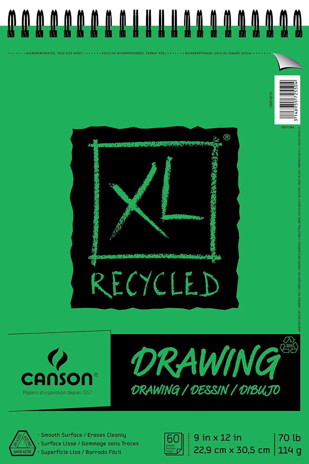 Canson XL Series Recycled Drawing Paper Pad, Top Wire Bound, 70 Pound, 9 x 12
