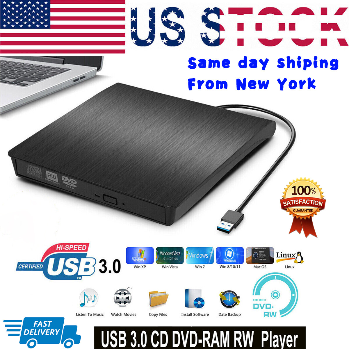 DVD CD RW USB External CD RW Disc Burner Drive Reader Windows 7 10 11 Laptop PC