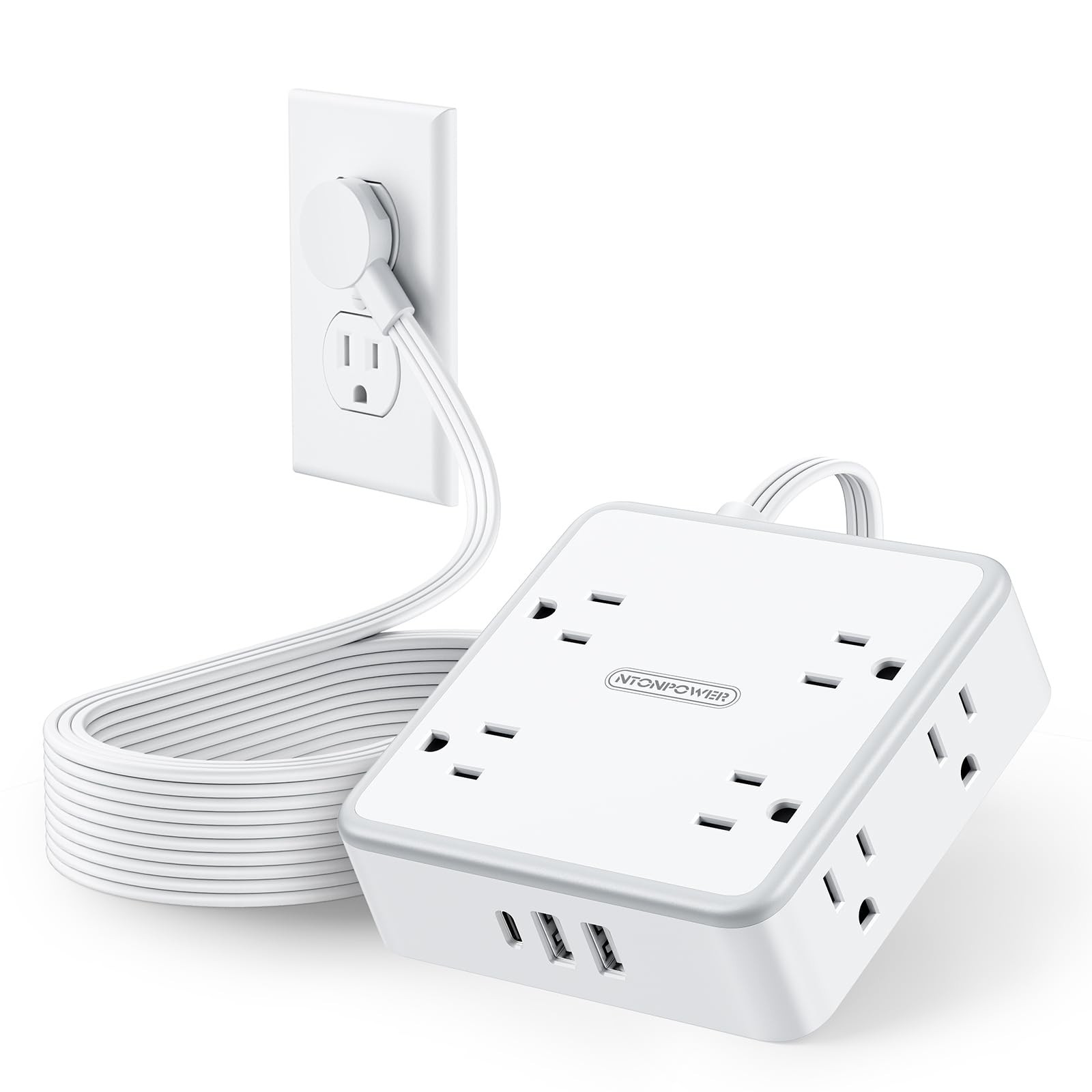 NTONPOWER Extension Cord 25 FT, Flat Plug with 8 Widely Outlets 3 USB Ports (...