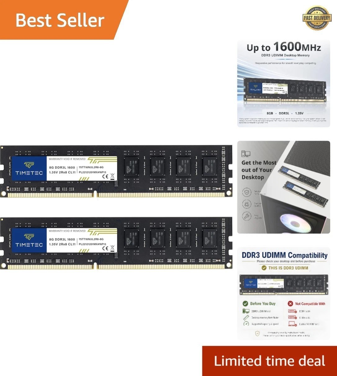 16GB Kit (2x8GB) 1600MHz DDR3 RAM - Reliable Memory for Intel & AMD PCs