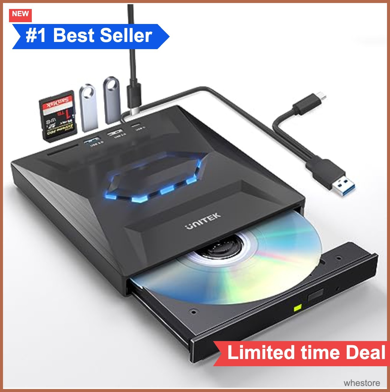 External CD DVD Drive USB 3.0 Type-C Portable Blu Ray Reader Writer 5 in 1 Hub