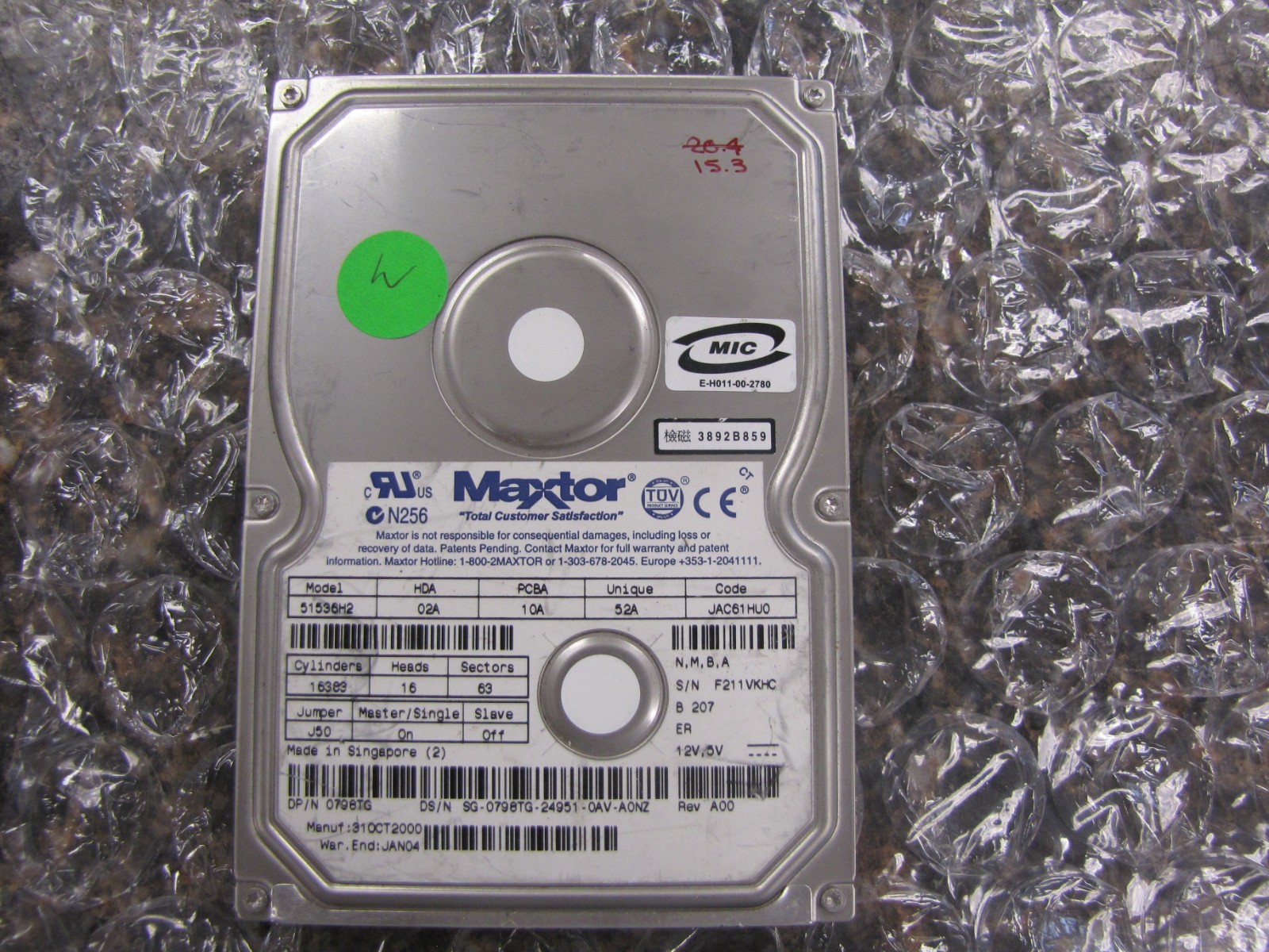 Maxtor 15.3 GB Internal 7200 RPM 3.5" 51536H2 Hard Drive -TESTED & WORKS -NM2