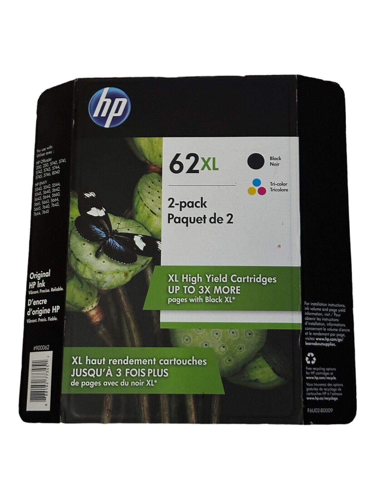 2 Pack HP 62XL Black & Tri-Color Original Ink Cartridge Retail Box Exp Aug 2020