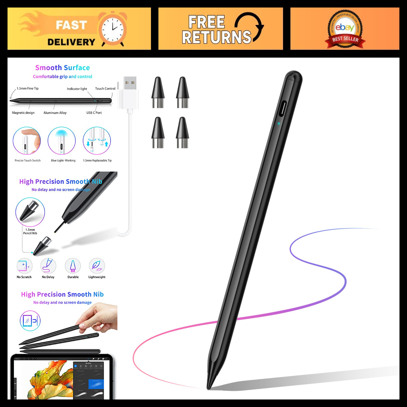 High Sensitivity Stylus Pen for Touchscreen Devices, Rechargeable Pencil for Dra