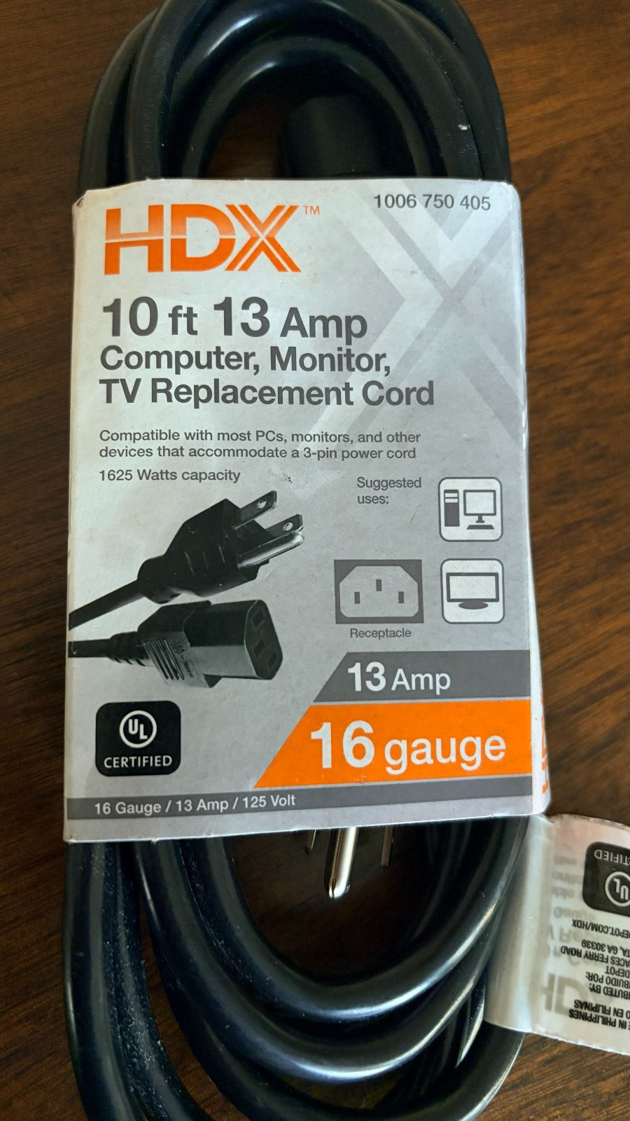 HDX 10ft 13 Amp Computer Monitor TV Replacement Power Cord 16 Gauge IEC C13 New