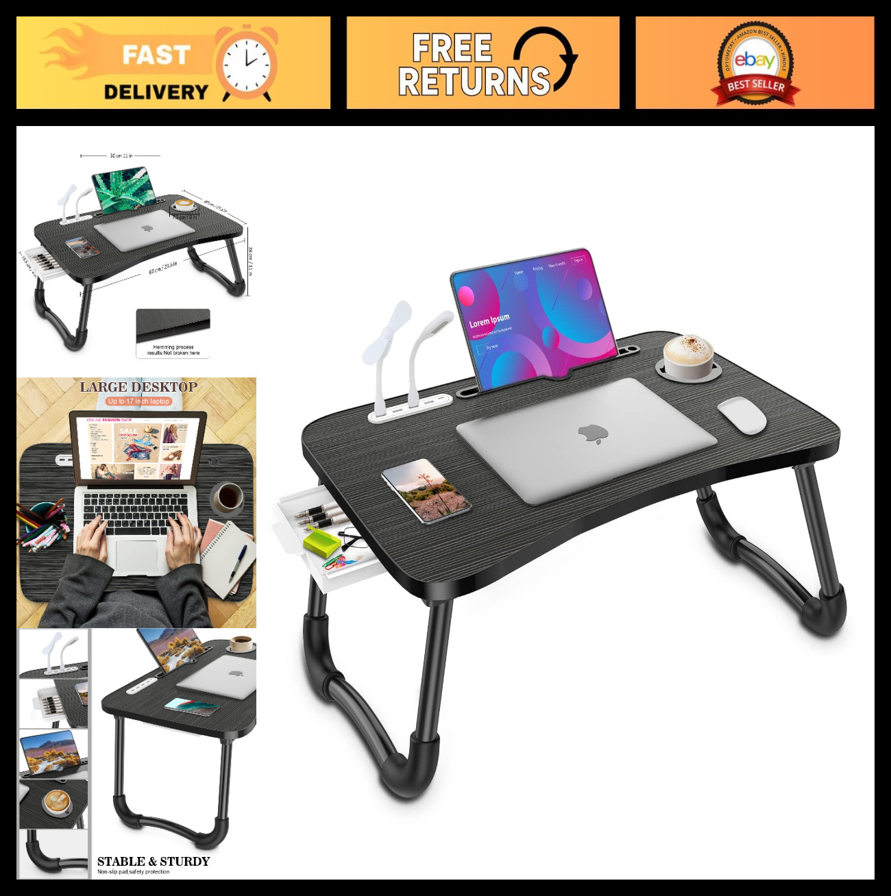 Foldable Laptop Lap Desk with USB Ports, Storage Drawer & Cup Holder - Portable